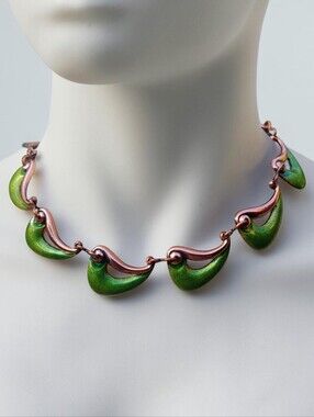 Vintage Renoir Green Enameled Copper Necklace